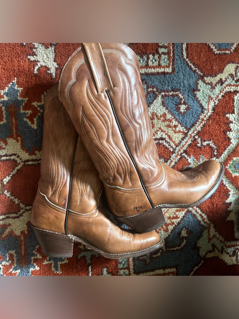 Vintage Frye 3849 Western Cowboy Boot—7.5—Made in the USA—Brown Leather—Cognac